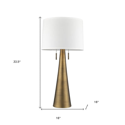34" Brass Metal Two Light Table Lamp With White Empire Shade HomeRoots