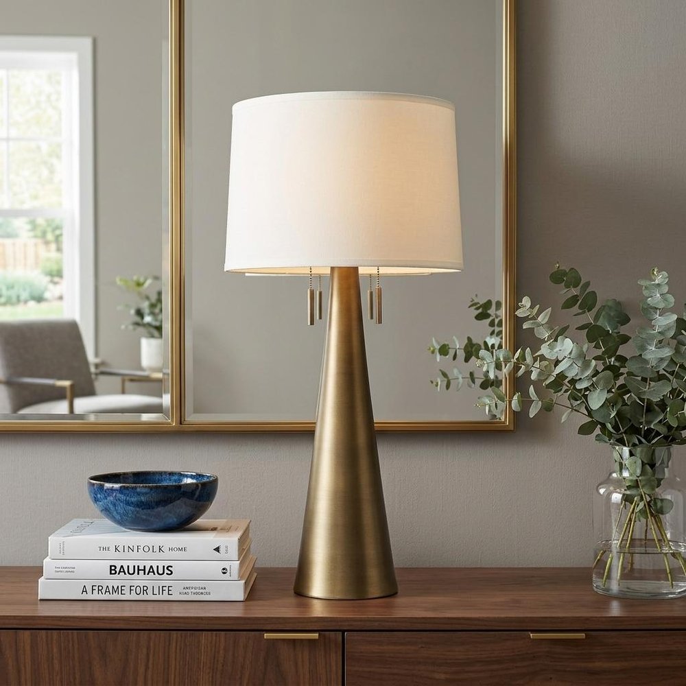 34" Brass Metal Two Light Table Lamp With White Empire Shade HomeRoots