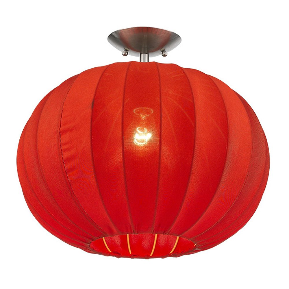 Shanghai 1-Light Brushed Nickel Pendant With Sheer Red Ribbon Shade — view 3