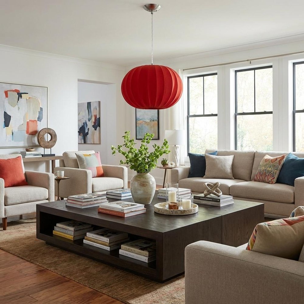 Shanghai 1-Light Brushed Nickel Pendant With Sheer Red Ribbon Shade HomeRoots