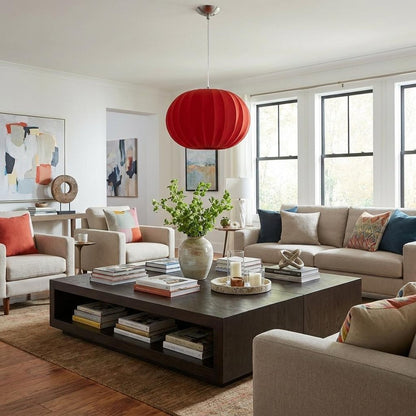 Shanghai 1-Light Brushed Nickel Pendant With Sheer Red Ribbon Shade HomeRoots