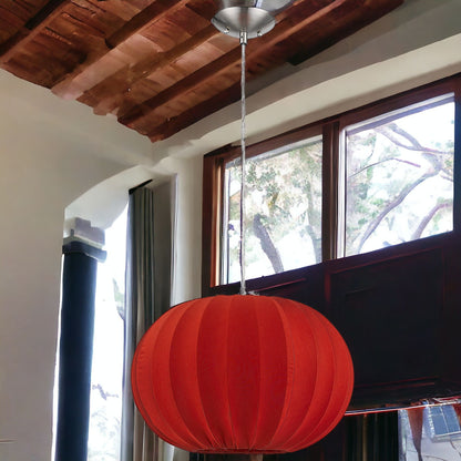 Shanghai 1-Light Brushed Nickel Pendant With Sheer Red Ribbon Shade