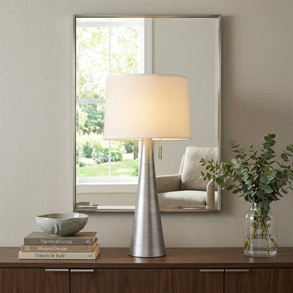 34" Silver Metal Two Light Table Lamp With White Empire Shade HomeRoots