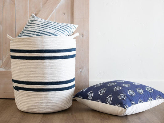 19" Ivory and Navy Stripe Cotton Woven Rope Basket - FurniFindUSA