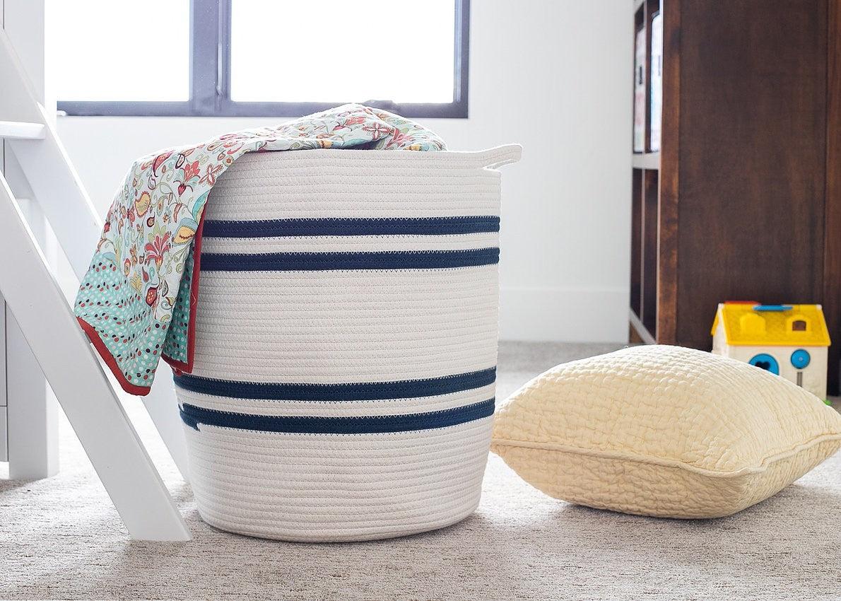 19" Ivory and Navy Stripe Cotton Woven Rope Basket - FurniFindUSA