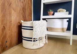 19" Ivory and Navy Stripe Cotton Woven Rope Basket - FurniFindUSA