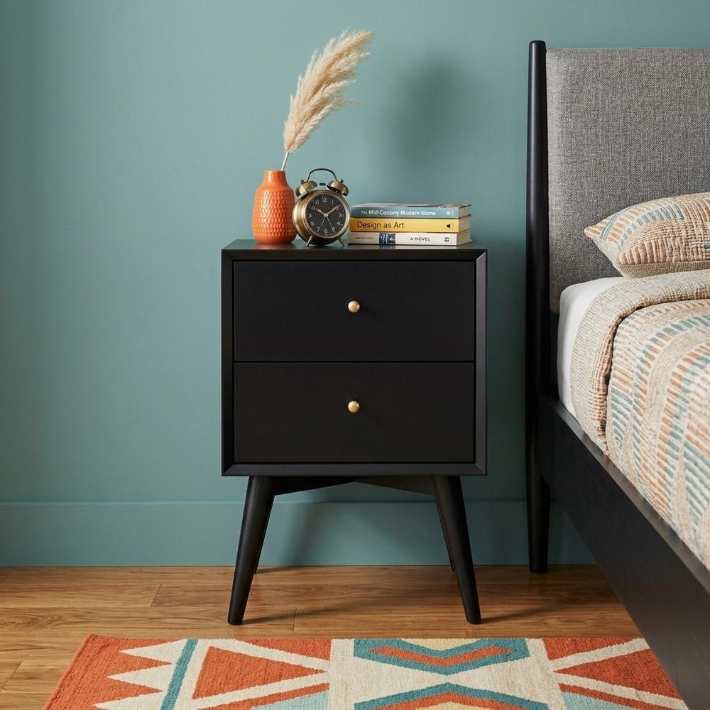26" Black Solid Wood Two Drawer Nightstand HomeRoots