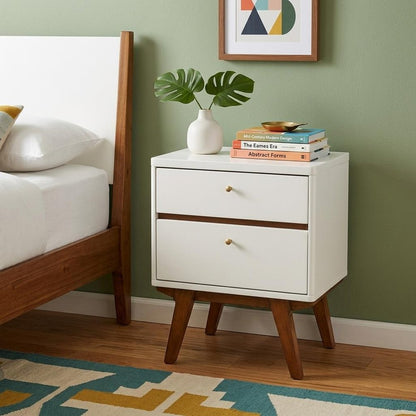 26" White Two Drawer Wood Nightstand HomeRoots