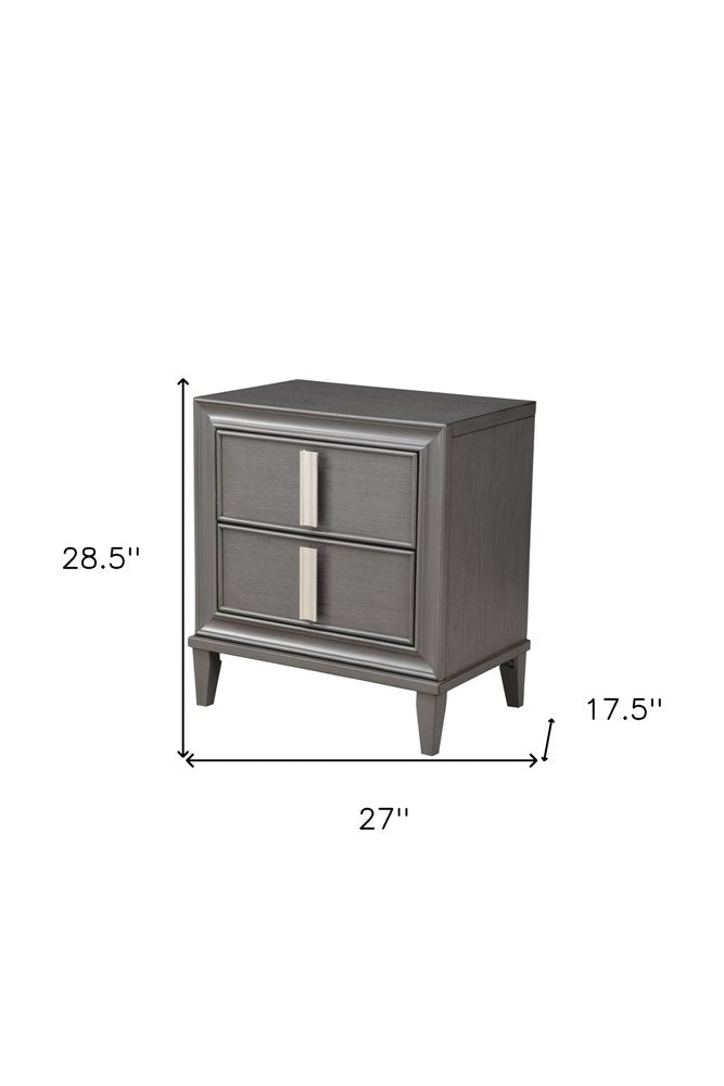 29" Dark Gray Solid Wood and Wood Two Drawer Nightstand — view 5
