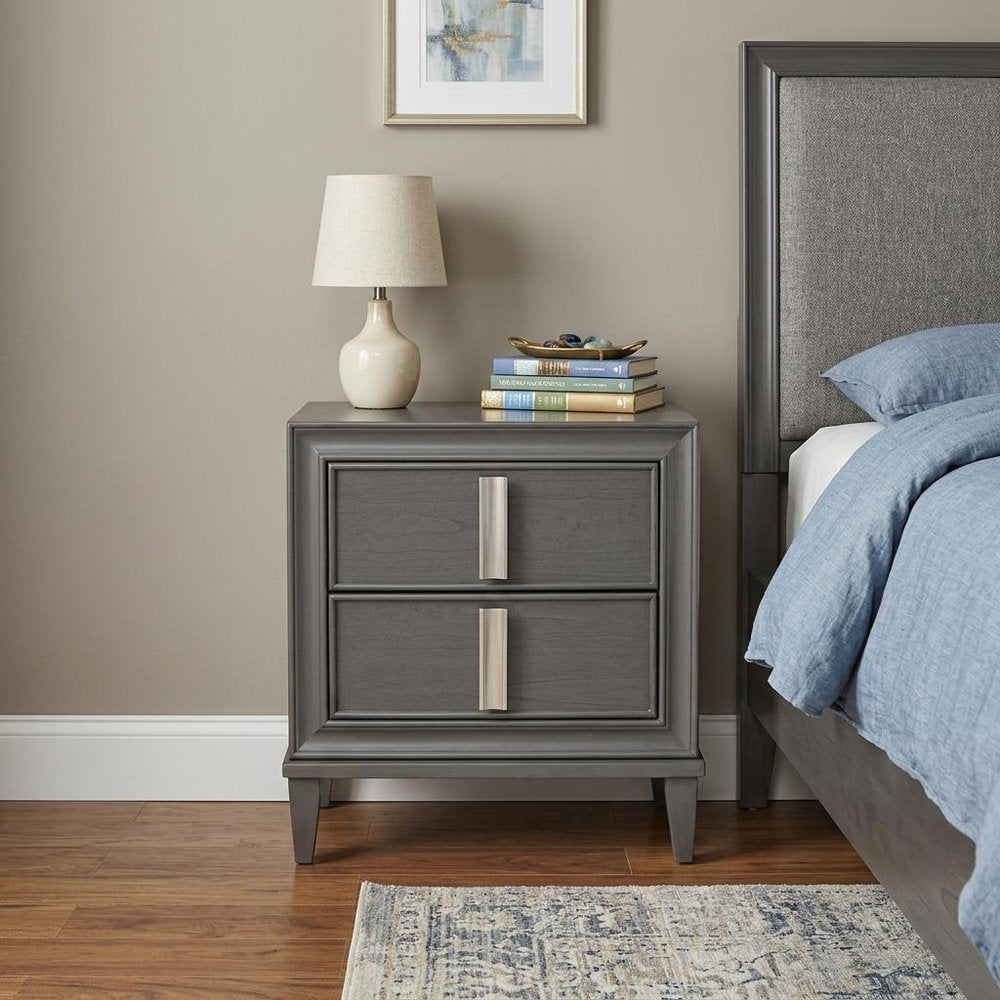 29" Dark Gray Solid Wood and Wood Two Drawer Nightstand HomeRoots