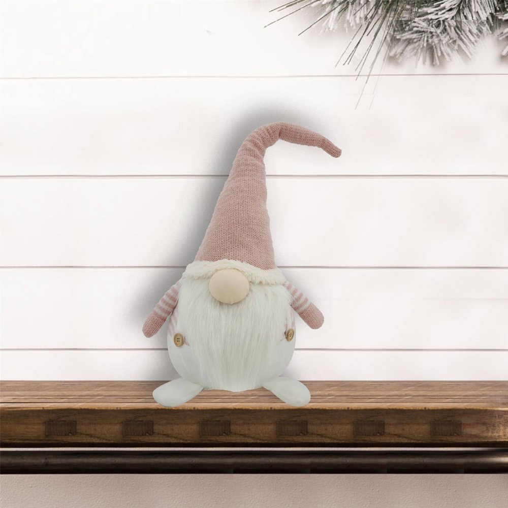 29" Pink And White Fabric Christmas Standing Gnome Tabletop Sculpture HomeRoots