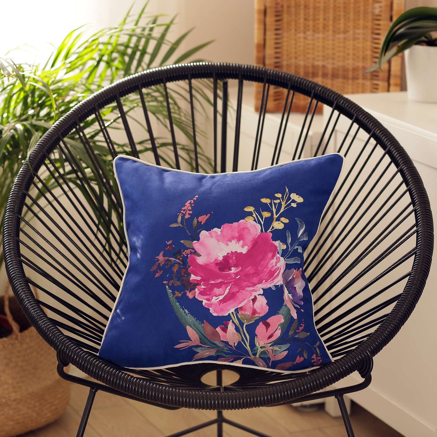 Blue and Pink Floral Printed Throw Pillow