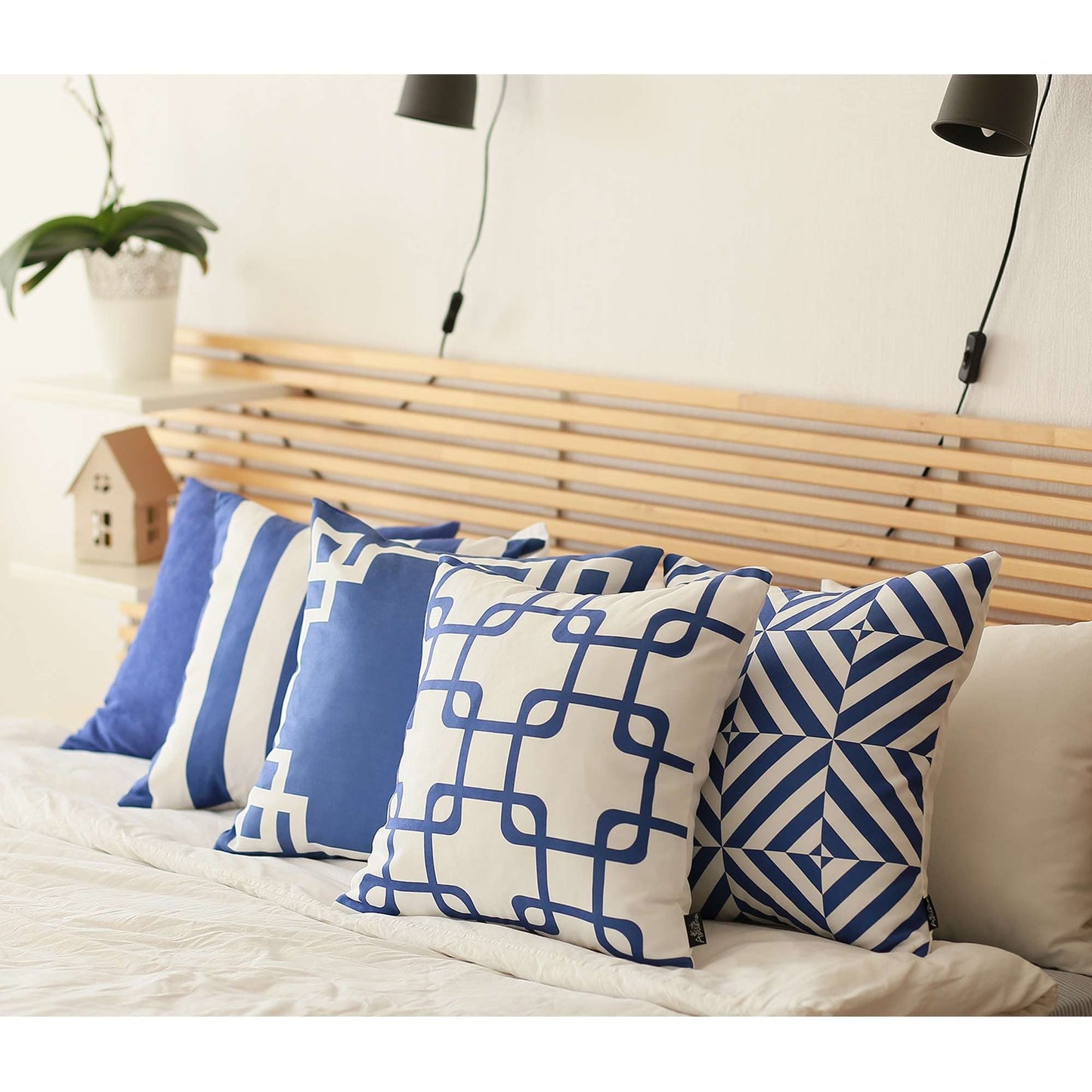 Blue and White Geometric Border Throw Pillow FurniFindUSA