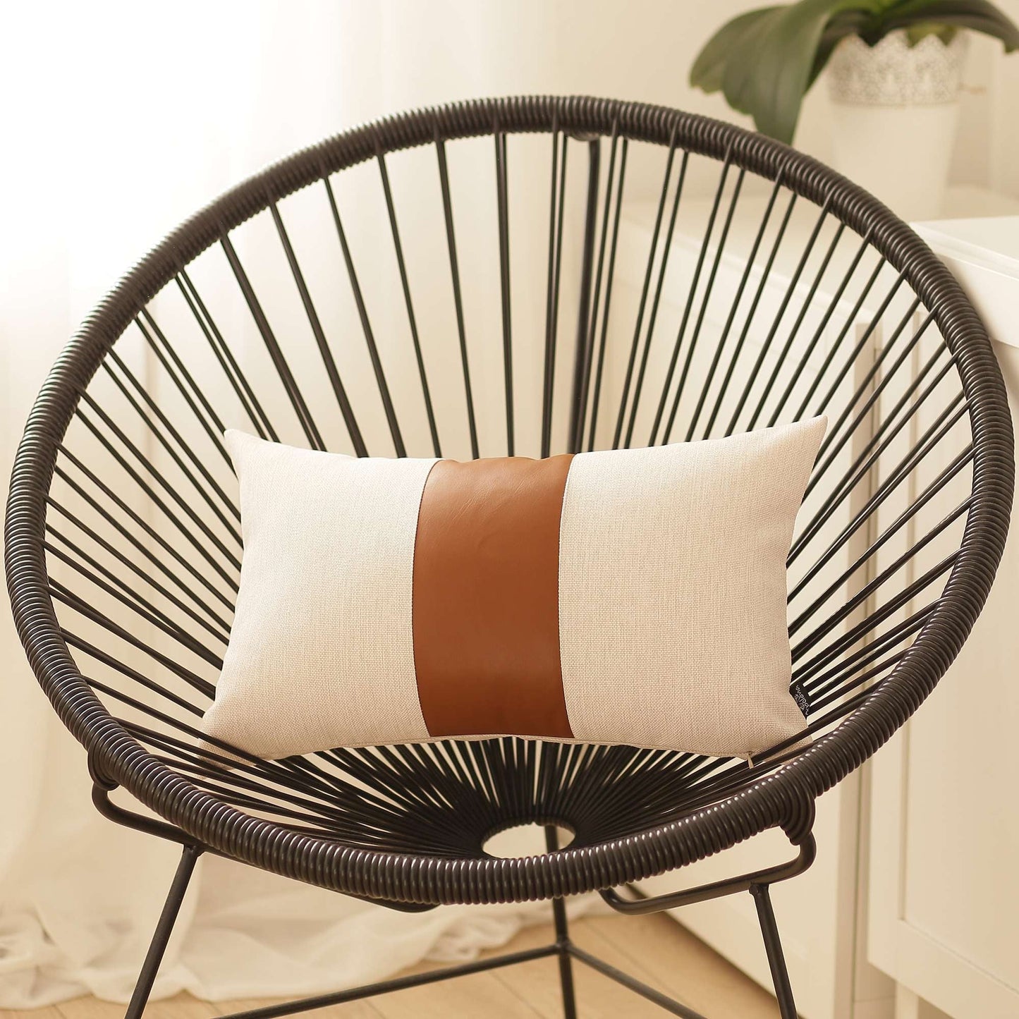 Pure White and Brown Faux Leather Lumbar Pillow FurniFindUSA