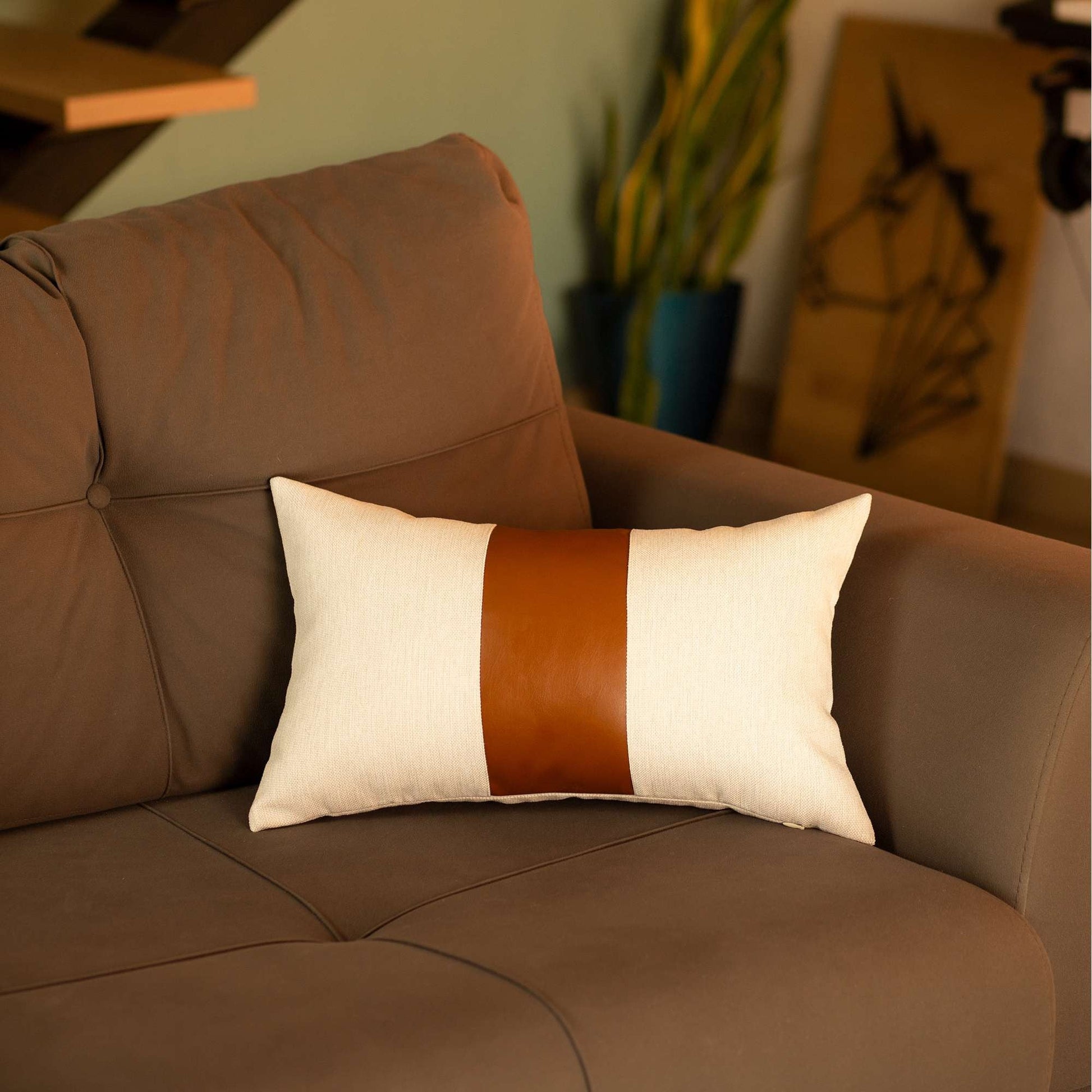 Pure White and Brown Faux Leather Lumbar Pillow FurniFindUSA