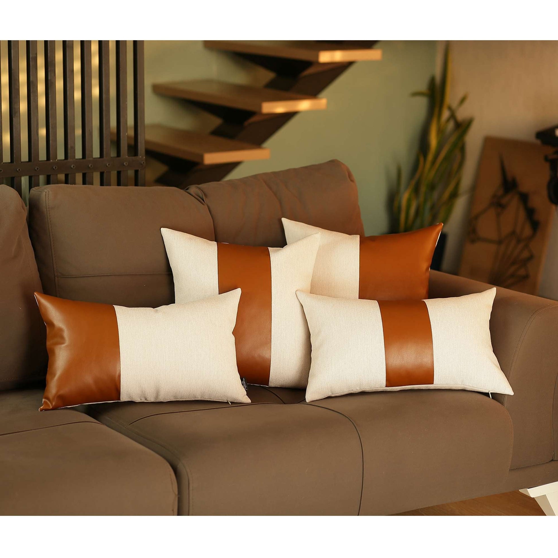 Pure White and Brown Faux Leather Lumbar Pillow FurniFindUSA
