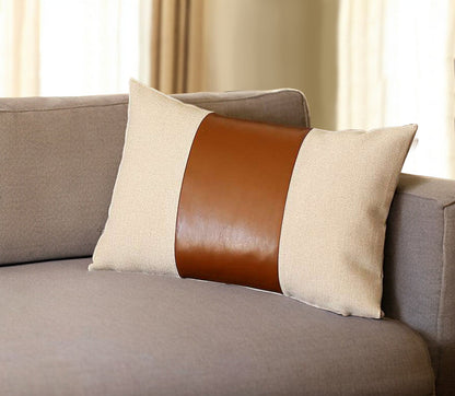 12" X 20" Brown and White Faux Leather Lumbar Throw Pillow FurniFindUSA