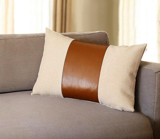 12" X 20" Brown and White Faux Leather Lumbar Throw Pillow FurniFindUSA