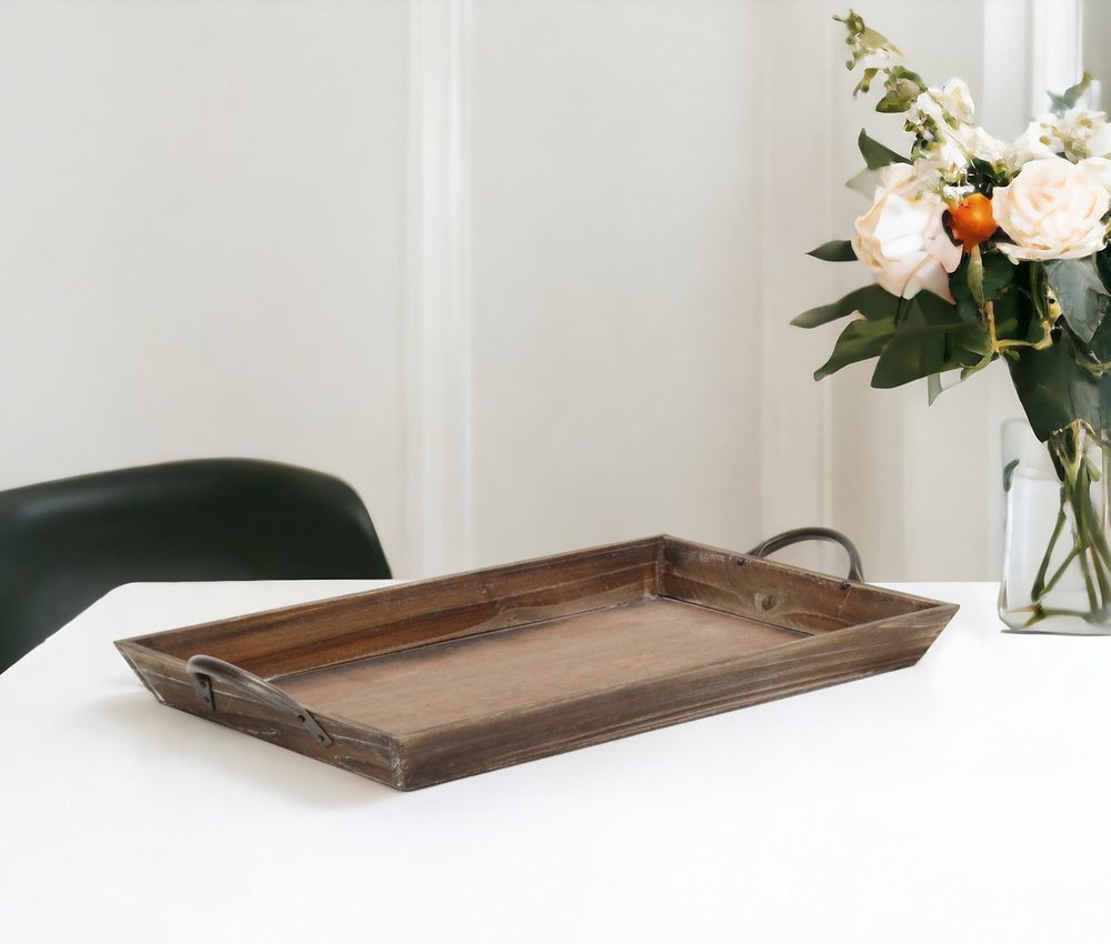 19" Brown Wood Handmade Serving Tray With Handles HomeRoots