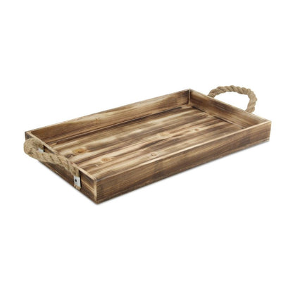 20" Brown Distressed Wood Handmade Serving Tray With Rope Handles HomeRoots