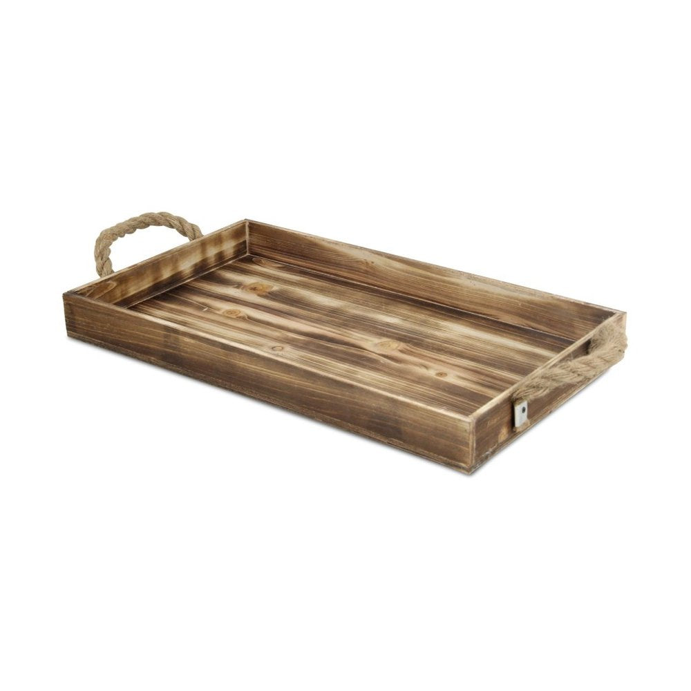 20" Brown Distressed Wood Handmade Serving Tray With Rope Handles HomeRoots