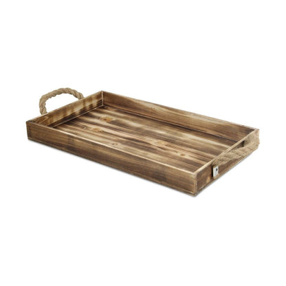 20" Brown Distressed Wood Handmade Serving Tray With Rope Handles HomeRoots