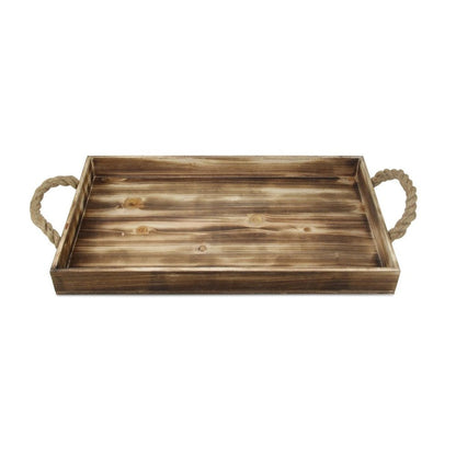 20" Brown Distressed Wood Handmade Serving Tray With Rope Handles HomeRoots