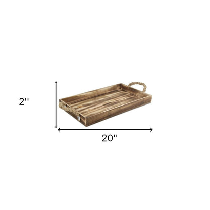 20" Brown Distressed Wood Handmade Serving Tray With Rope Handles HomeRoots