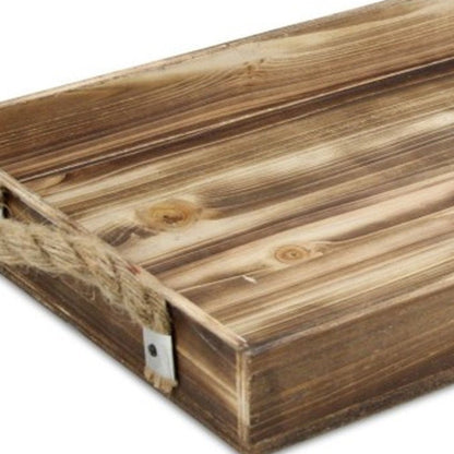 20" Brown Distressed Wood Handmade Serving Tray With Rope Handles HomeRoots