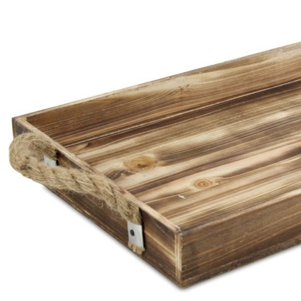 20" Brown Distressed Wood Handmade Serving Tray With Rope Handles HomeRoots