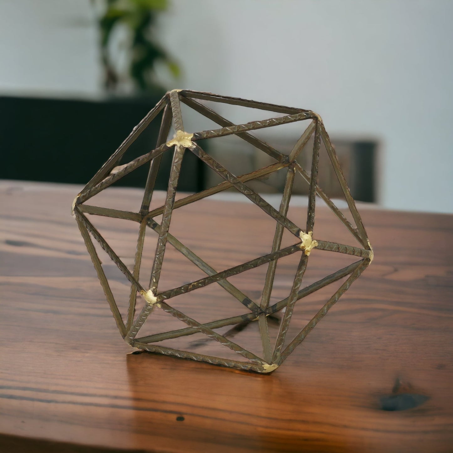 8" Brown and Gold Metal Hand Painted Geometric Orb Tabletop Sculpture