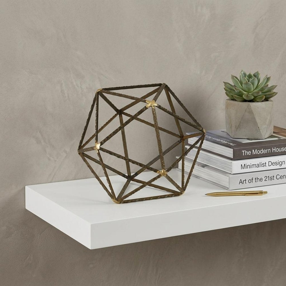 8" Brown and Gold Metal Hand Painted Geometric Orb Tabletop Sculpture HomeRoots