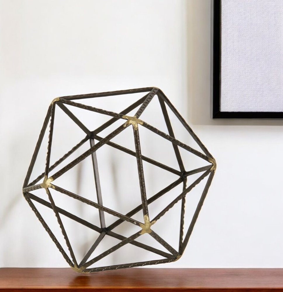 6" Brown and Gold Metal Hand Painted Geometric Orb Tabletop Sculpture — view 6