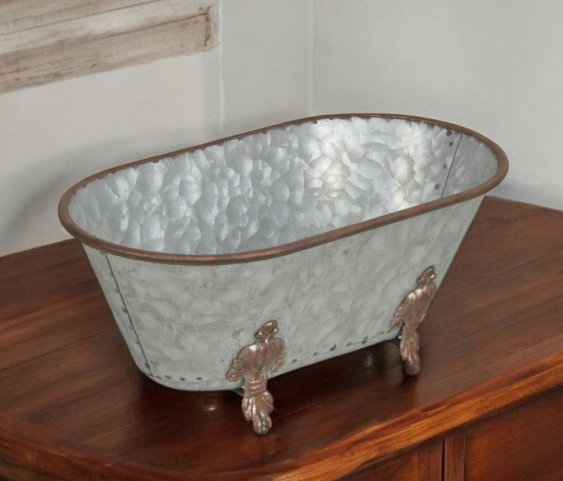 5" Gray Metal Hand Painted Decorative Tub Tabletop Sculpture