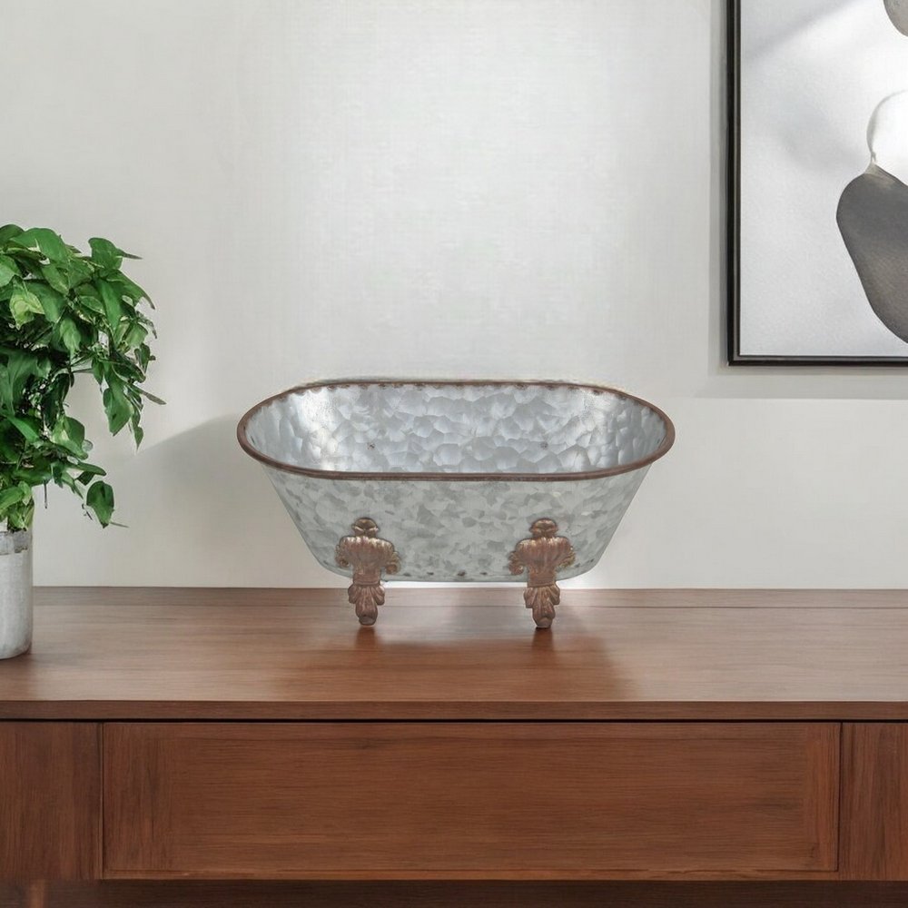 5" Gray Metal Hand Painted Decorative Tub Tabletop Sculpture HomeRoots