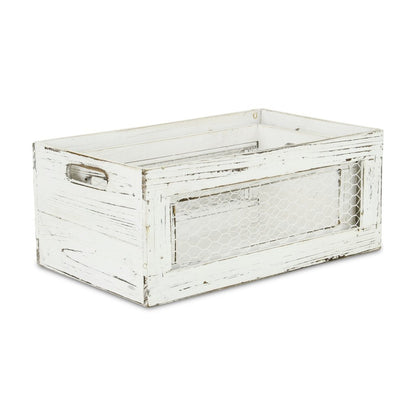 Set of Two Rustic Whitewash Chicken Wire Sides Wooden Crates