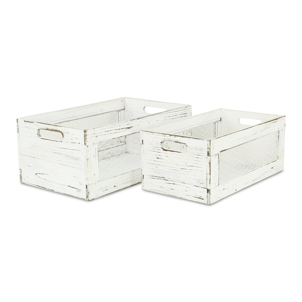 Set of Two Rustic Whitewash Chicken Wire Sides Wooden Crates