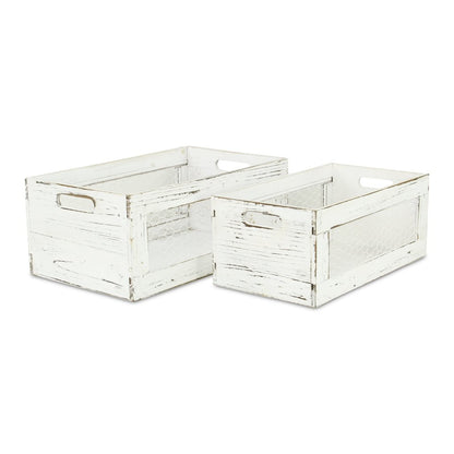 Set of Two Rustic Whitewash Chicken Wire Sides Wooden Crates