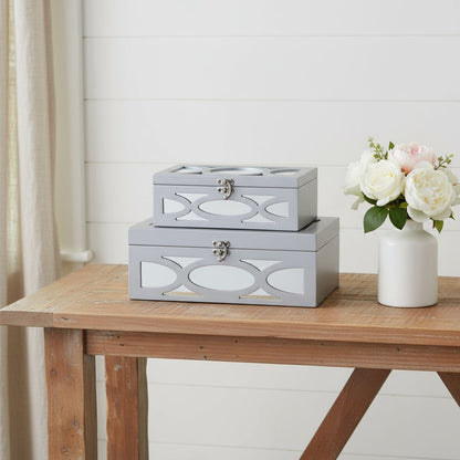Set of Two Silver Mirrored Glass And Wood Box With Lid HomeRoots