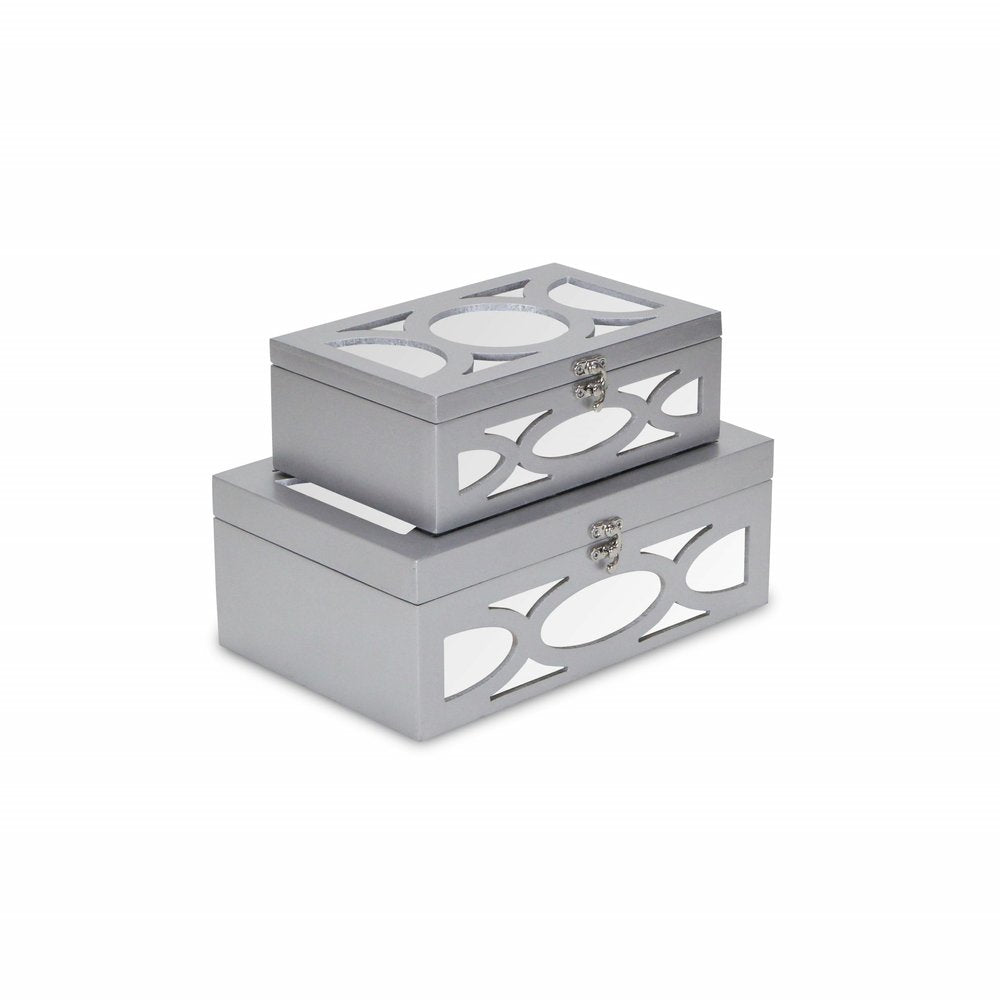 Set of Two Silver Mirrored Glass And Wood Box With Lid HomeRoots