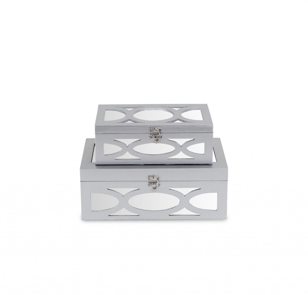 Set of Two Silver Mirrored Glass And Wood Box With Lid HomeRoots
