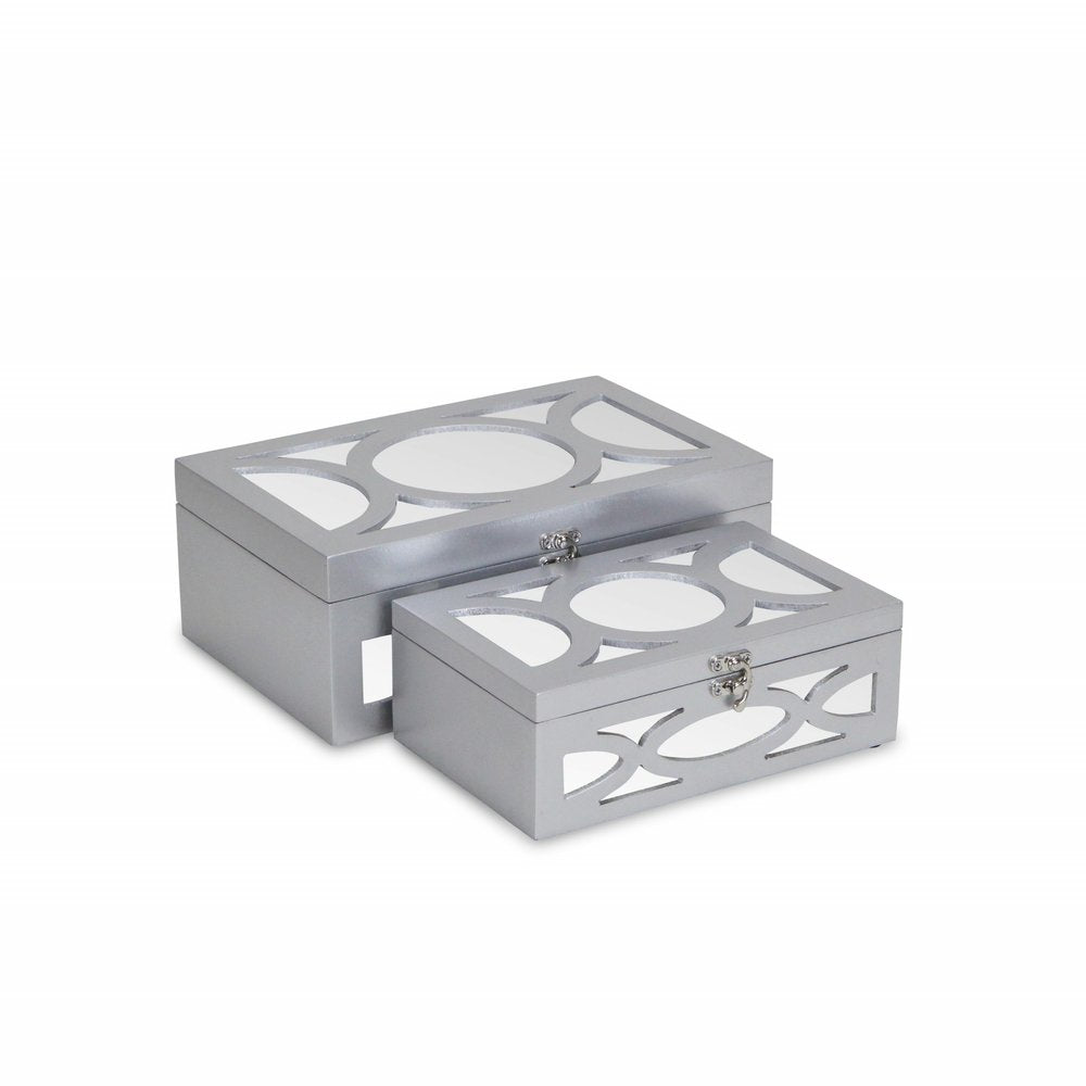 Set of Two Silver Mirrored Glass And Wood Box With Lid HomeRoots