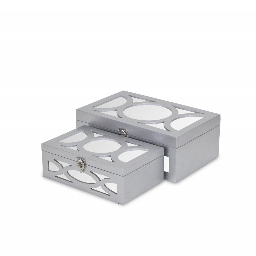 Set of Two Silver Mirrored Glass And Wood Box With Lid HomeRoots