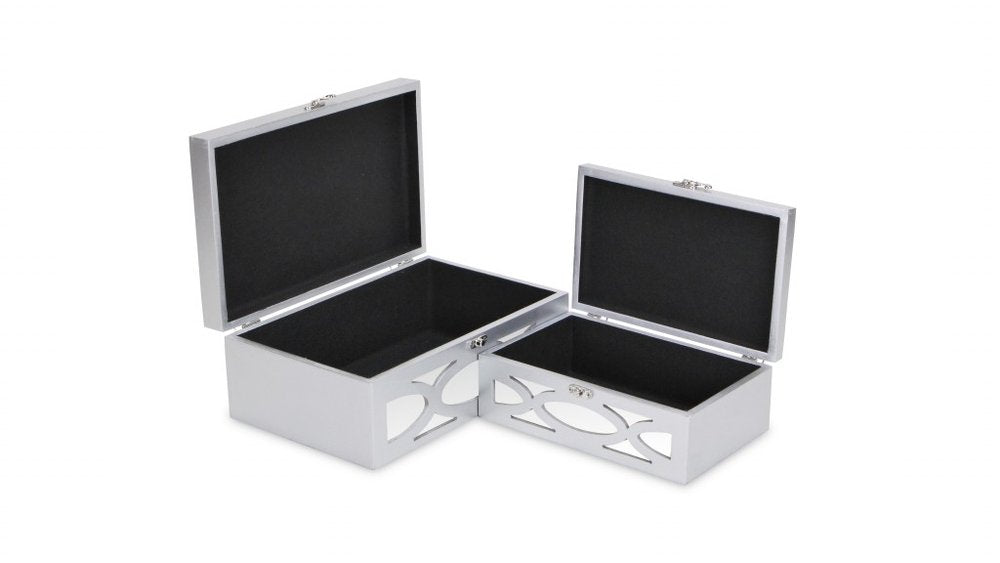 Set of Two Silver Mirrored Glass And Wood Box With Lid HomeRoots