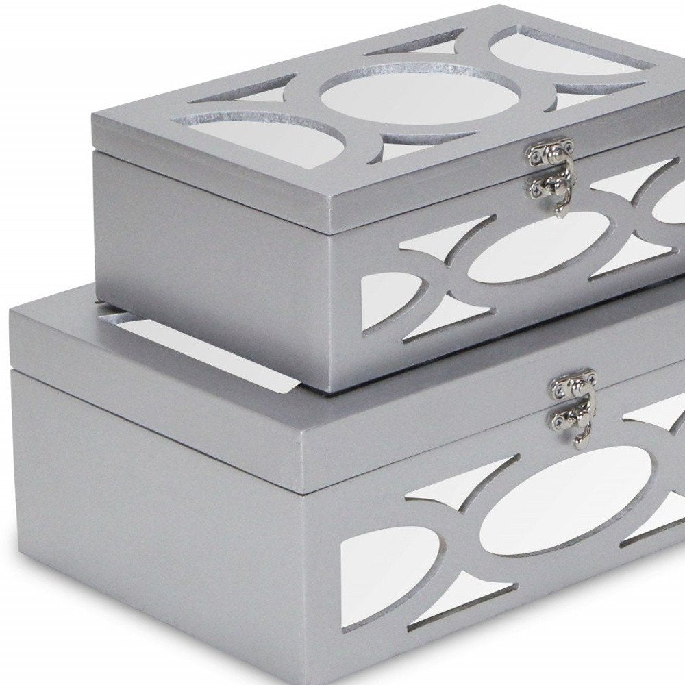 Set of Two Silver Mirrored Glass And Wood Box With Lid HomeRoots