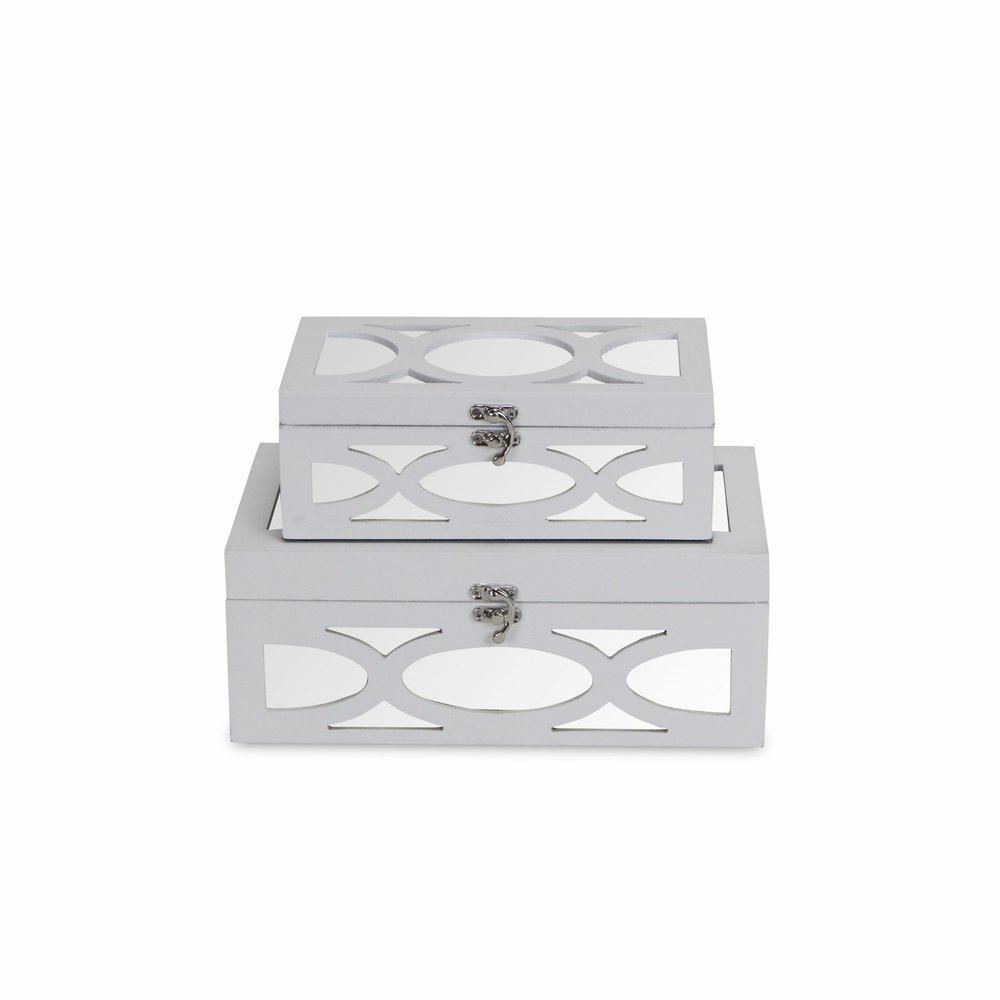 Set of Two White Mirrored Glass And Wood Box With Lid HomeRoots
