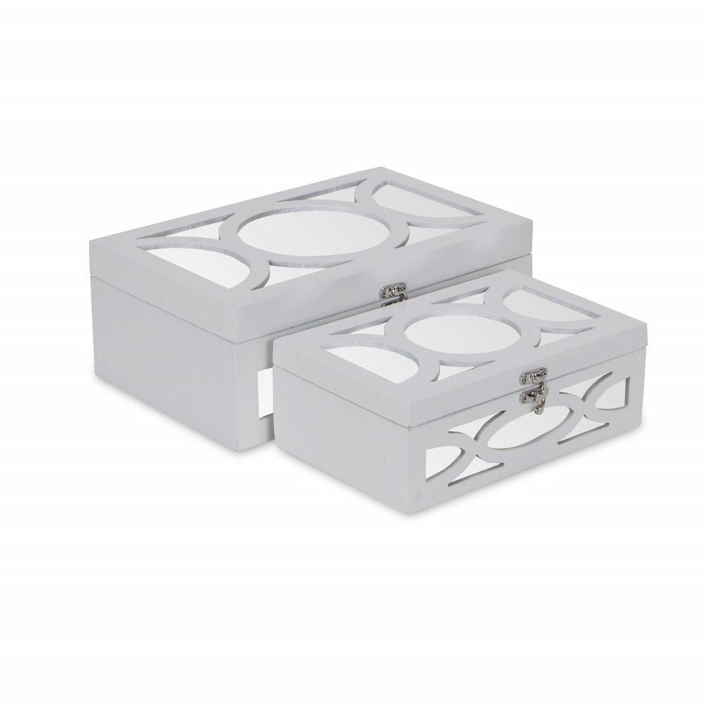 Set of Two White Mirrored Glass And Wood Box With Lid HomeRoots