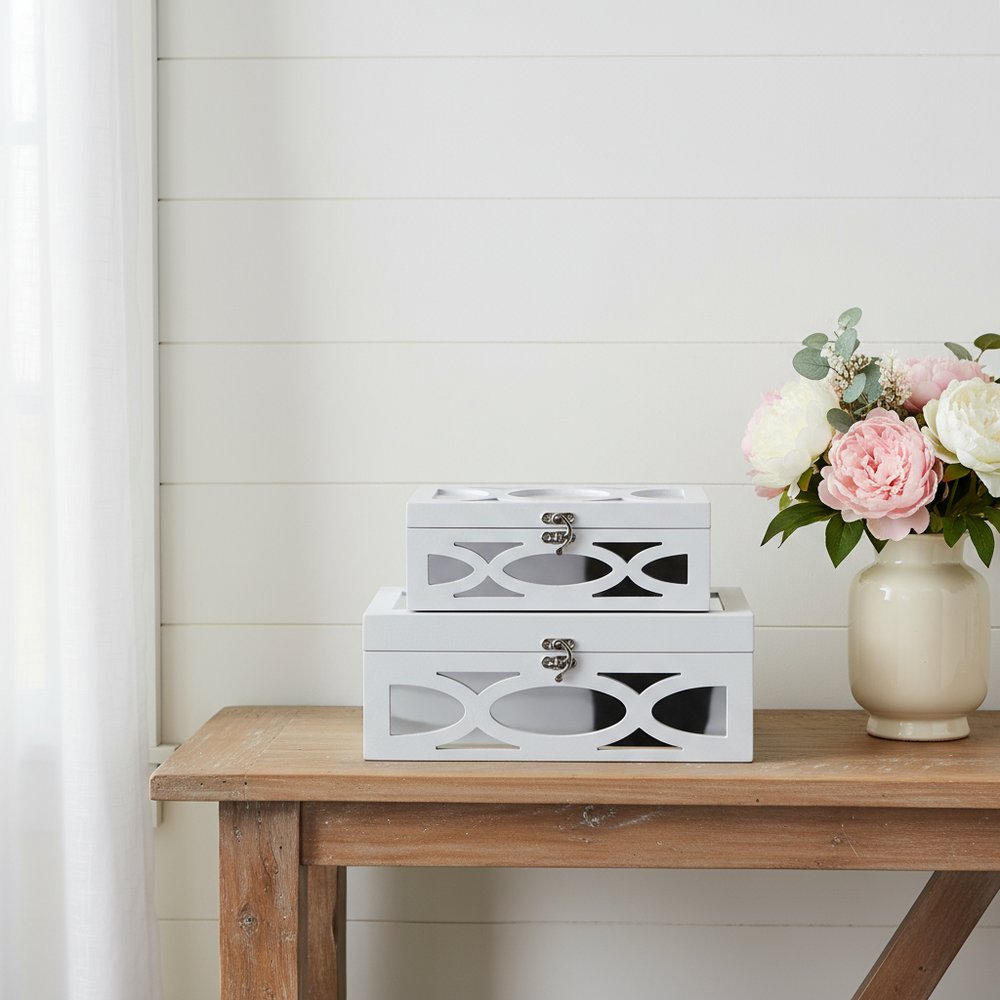 Set of Two White Mirrored Glass And Wood Box With Lid HomeRoots