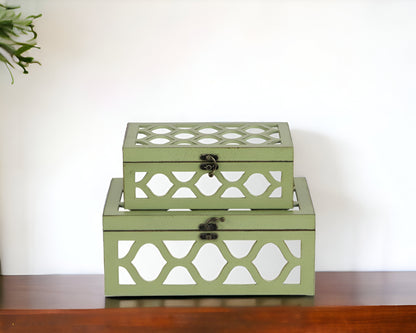 Set of Green Quatrefoil Mirror Jewelry Storage Boxes