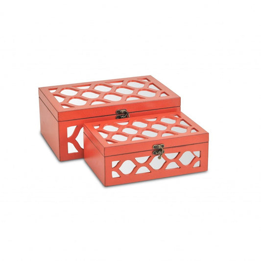 Set of Two Orange Mirrored Glass And Solid Wood Box With Lid HomeRoots